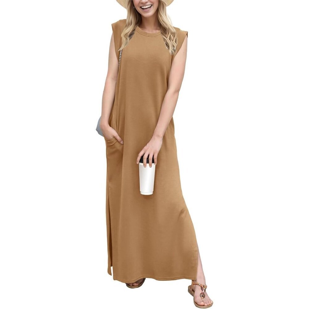 Grecerelle Women Camel Round Neck Loose Split Wrinkle-Free Long Maxi Dress